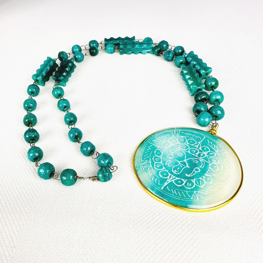 Vintage Carved Inca Peruvian Jade Sun God Necklace Hand Wired Beaded Statement